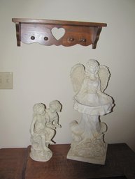 2 Resin Angels With Wood Wall Shelf 21 Inch Wide