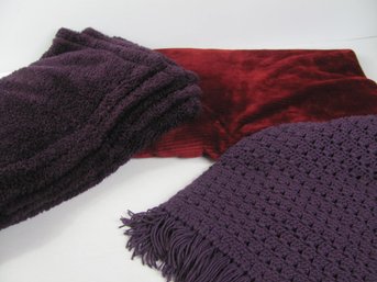 3 Throws 60 X 50 Red, 32x56 Purple Afghan, 48x64 Purple Throw