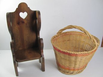 Wood Doll Chair And Pretty Vintage Wicker Basket, Some Discoloration