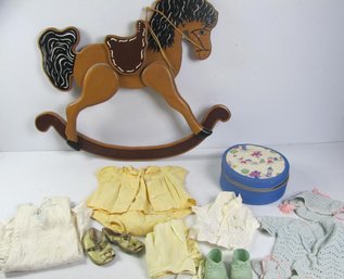 Vintage Baby Clothes And Pretty Wooden Wall Hanging, Rocking Horse 22 Tall 26 Wide