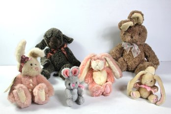 Stuffed Rabbits And A Sheep.  One Is A Boyd's Bear, 2 Small Ones Are Jointed, Most Are Russ