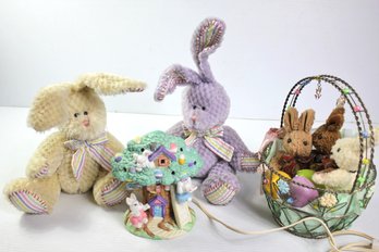 Porcelain Easter Egg Lighted Tree W/basket And Jointed Bunnies And Egg Candles, And 2 Ganz Bunnies