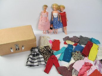 Box With Four Plastic Dolls And Mostly Barbie Size Homemade Clothes