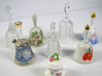 Eight Pretty Bells, One Lenox, One Fenton, One Hand Painted, One Japan Etc