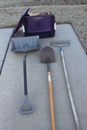 65 Quart Sterilite Tote With Lid Plus Rake, Snow Shovel And Shovel