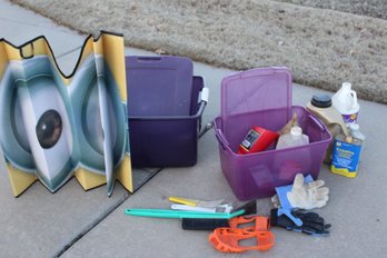 65 Quart Sterilite Tote With Lid, 32 Quart Rubbermaid With Lid, Car Scrapers, Few Chemicals, Car Shade