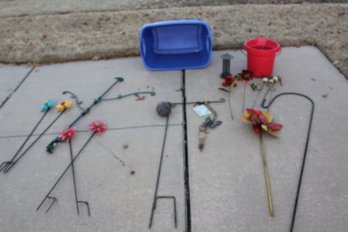 Tote With No Lid, Lots Of Yard Decor Items, Bucket, Small Bird Feeder