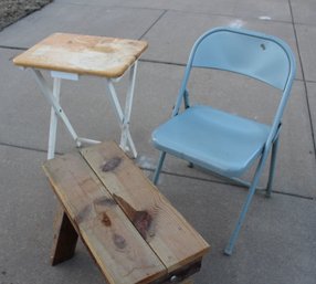 Blue Folding Chair, Folding Metal Table, Heavy Homemade Well Made Bench 23x11x17.5 Tall