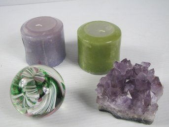 Two Candles, Amethyst Crystal Rock, Ribbon Paperweight