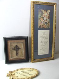 Three Decor Items, Framed Nail Cross, Angels