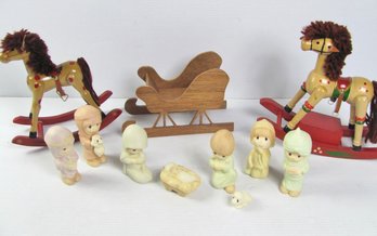 Ceramic Homemade Precious Moments Nativity, Rocking Horses, One Musical