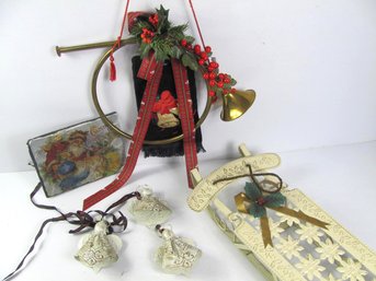 Metal Sleigh With Metal Angels, French Horn Decor, Christmas Tile