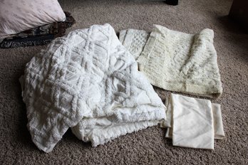 King Size Chenille Off-white Bedspread, Two King Ivory Shams And Pillow Cases-not Same Color