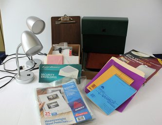 Office Supplies, Page Protectors, File Box, Two Desk Lamps