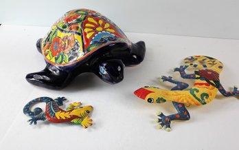 Turtle Mexican Talavera Pottery-two Metal Geckos-Turtle 16x16 In