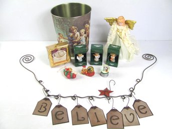 Three Gorham Angel Decorations, Treetop Angel, Angel Trash Can, Believe Hanger