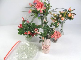 Variety Of Vases With Flowers, Glass Hummingbird, Pink Vintage