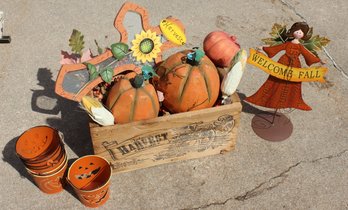 Fall Lot #1-wood Harvest Box With Decor, Metal Pumpkin Tins, Cross, Metal Fall Stand