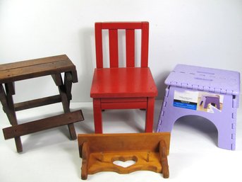 2 Foldable Stools, Sm Child Chair, Wood Shelf