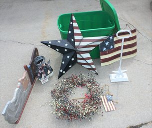 Patriotic - In Tote With Lid- Metal Flags, Wood Uncle Sam Etc