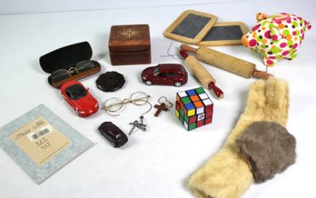 Vintage Glasses And Coin Purse, Few Toys, 2 Small  Rolling Pins, Cloth Piggy Bank, Rubix Cube, Fur Pieces, Etc