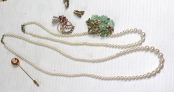 Vintage Costume Jewelry, Barclay Jade Colored Pin, Earrings, Faux Pearl Necklaces