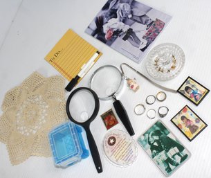 Few Rings, Magnets, 2 Magnifying Glasses, Ring Holder