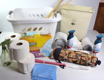 Laundry Basket, Sm Trash Can ( Needs Cleaned) Bags, Duster,  Yard Stick, Swifter Duster, Etc