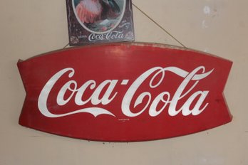 Vintage Coca Cola Metal Fishtail Sign 41.5 X 20, Very Good Condition, Small Decorative Sign