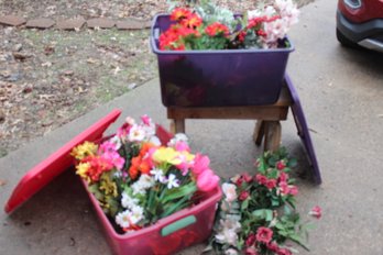 Two Tubs With Lids With Silk Flowers