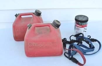 Two-  1.5 Gallon Gas Cans, Bungee Cords