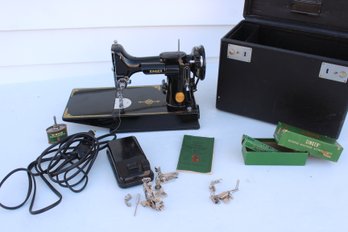 Unusual Singer Portable Electric Sewing Machine In Case Model 221-1   LIKE NEW!