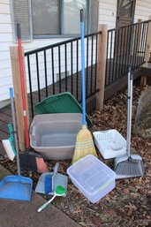 Rubbermaid Tote With Lid 16 Gallon, Two Smaller Totes, Brooms And Broom Sets