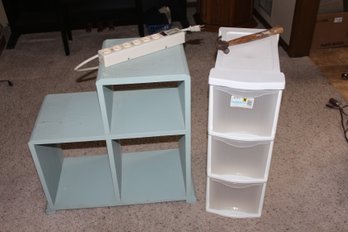 Plastic Storage Container, Cute Wood Knick-knack Shelf, Hammer, Surge Protector