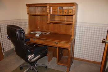 Nice Computer Oak Desk W/light And Surge Protector, Serta Chair (well Loved) & Chair Mat (see Below)