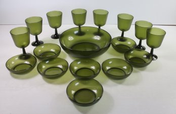 Vintage Green Plastic Dishes, 8 Glasses, Salad Bowl W/ 8 Individual Bowls