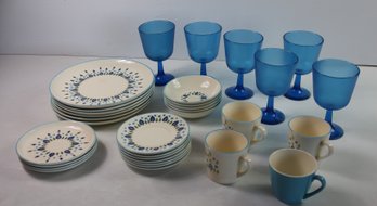 Vintage Macrest Swiss Dishes, 6 Plates, 4 Dessert, 5 Bowls, 7 Saucers, 4 Cups, 6 Blue Plastic Cups, See Below
