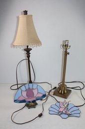 2 Table Lamps, One Victorian Style, One With No Shade, Stained Glass Table Lamp W/2 Interchangeable Piecess