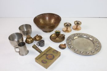 Brass And Metal Pieces, Candle Holders, Incense Holder, Bowl From India, 3 Stieff Pieces