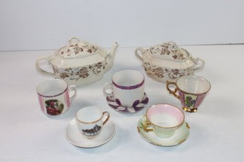 2 Erie Lidded Pieces (spout Has Large Chip) Few China Pieces, Some Have Chips