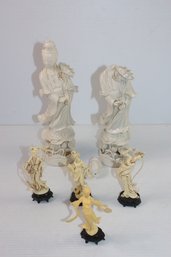 Asian Figures, 2 Larger Pottery (one Needs Head Reglued & Both Have Chipped Fingers) 4 Smaller Are Plastic