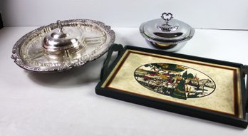 3 Nice Serving Pieces - Carousel Divider, Watkins Serving Tray, Glass Fire King W/ Silver Colored Holder