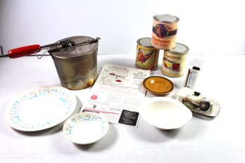 Popcorn Popper, 3 Tins, Scale, Vintage Butter Dish, Few Dishes (chip On Bowl)