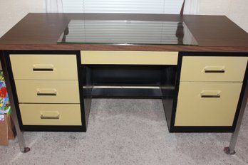 Metal Desk W/drawers Plus Glass Piece For Writing Area 53' X 2' X 28' Tall, Has A Formica Top Heavy Bring Help