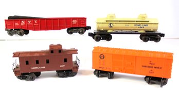 Four Lionel Cars-tank, Box, Caboose, Culvert Gondola 6342