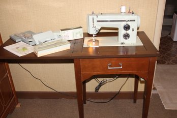 Sears Kenmore Sewing Machine In Cabinet, Good Shape, Lots Of Attachments, Greist Button Holer