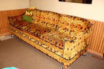 Retro Floral Gold And Brown Cloth Couch And Coordinating Afghan 91' Wide, 34' Deep