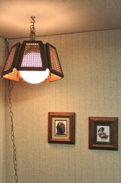 Vintage Cane Swag Lamp W/large Bulb, Has Dimmer Switch And 2 Small Oak Framed Norman Rockwell Prints