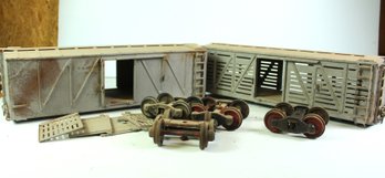 Two Original Buddy L Outdoor Railroad Box Cars, Bead Blasted, Doors And Trucks Included