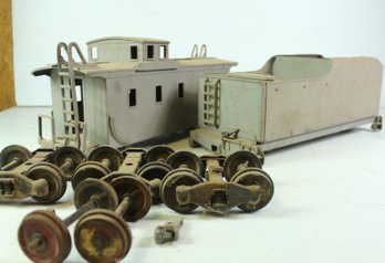 Two Original Buddy L Outdoor Railroad Caboose And Tender- Bead Blasted Condition, With Trucks